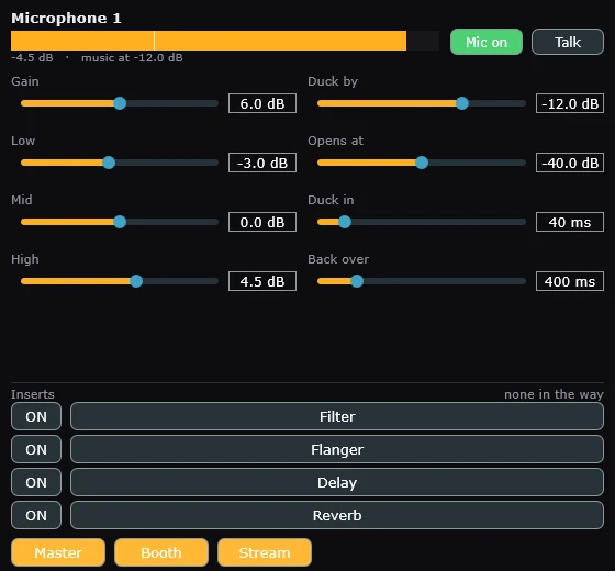 The mic panel with gain, EQ, talkover and voice effects