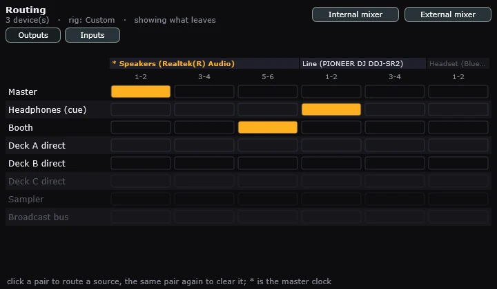 The routing panel choosing a device and channels for each output